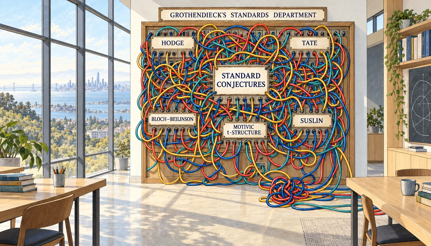 Grothendieck’s Standards Department: a wildly tangled conjecture switchboard in an empty, modern mathematics research space. Floor-to-ceiling windows overlook San Francisco Bay and the distant city skyline. Labels connect the Standard Conjectures, Hodge, Tate, Bloch–Beilinson, motivic t-structure, and Suslin.